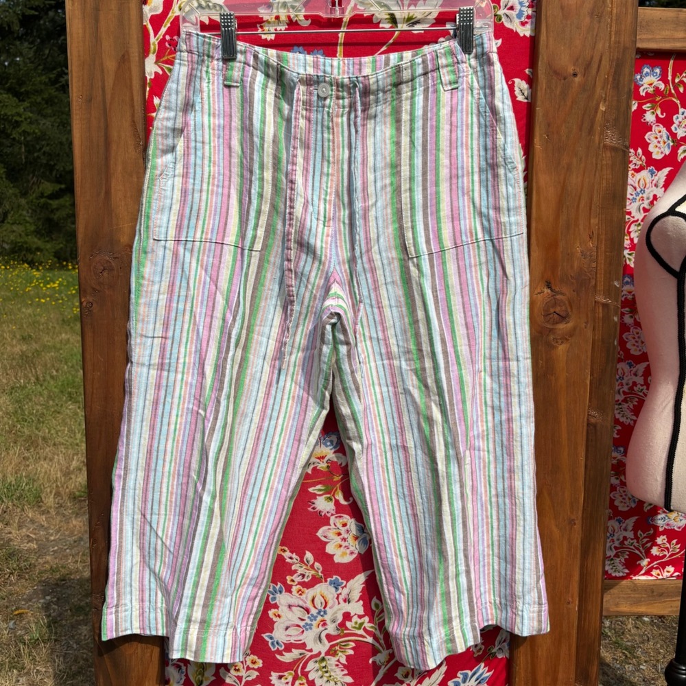 100% Linen Striped Pastel Coastal High Rise Wide Leg Capri Pants Women's Size S